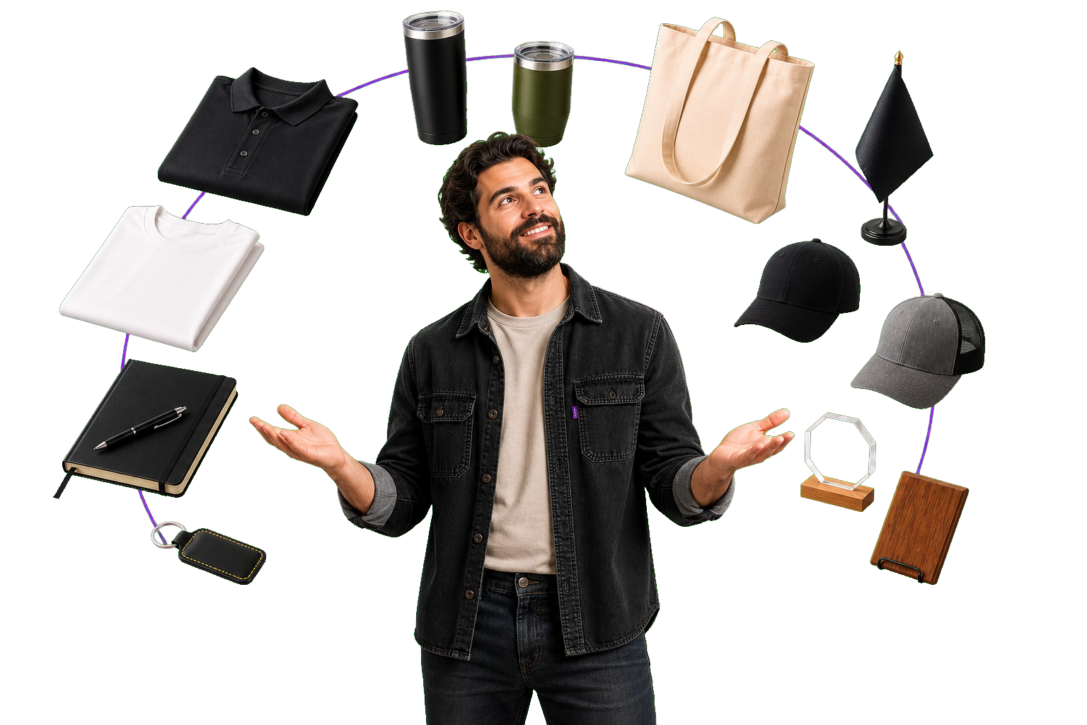 Rugged bearded creative looking up at promotional products, custom apparel, engraved awards, drinkware, signage, and branded merchandise