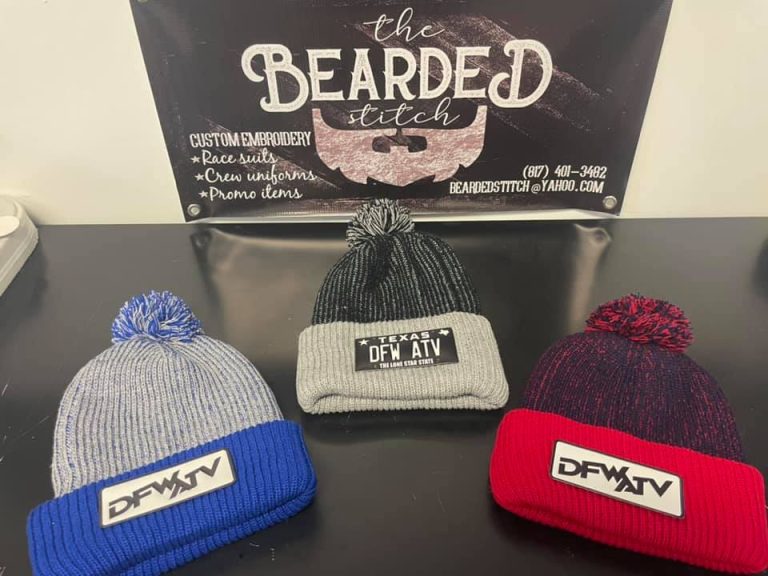 Custom beanies with DFW ATV patches displayed with a Bearded Stitch banner