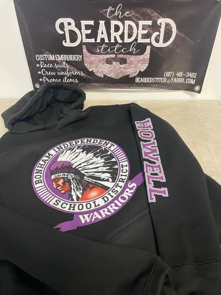 Black school hoodie with a purple and white Howell Warriors print