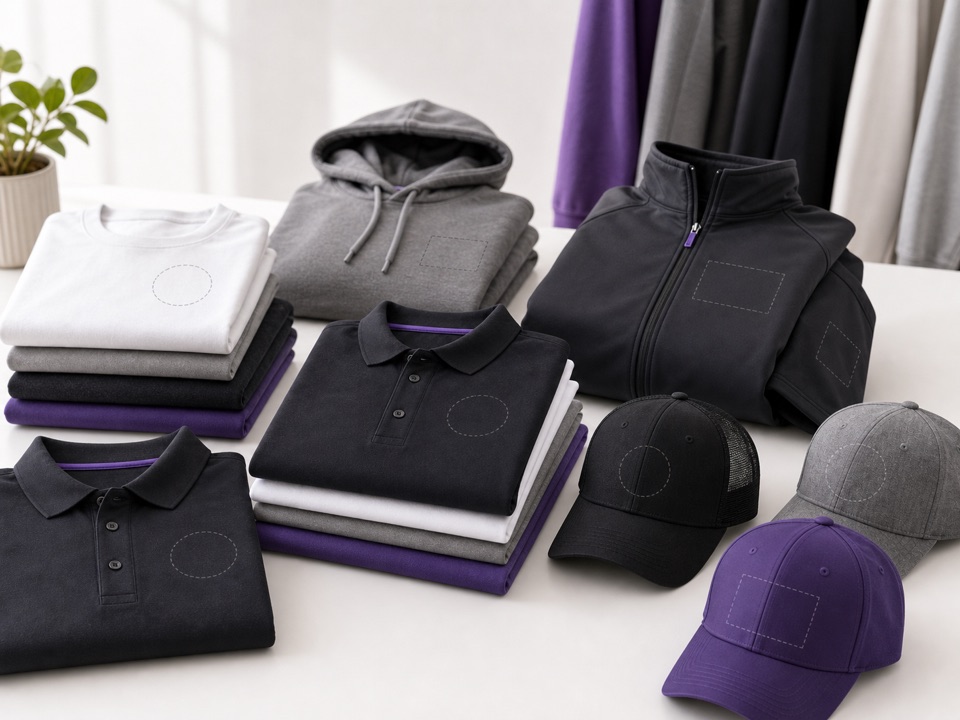 Custom apparel including shirts, polos, hoodies, jackets, and hats with decoration placement areas