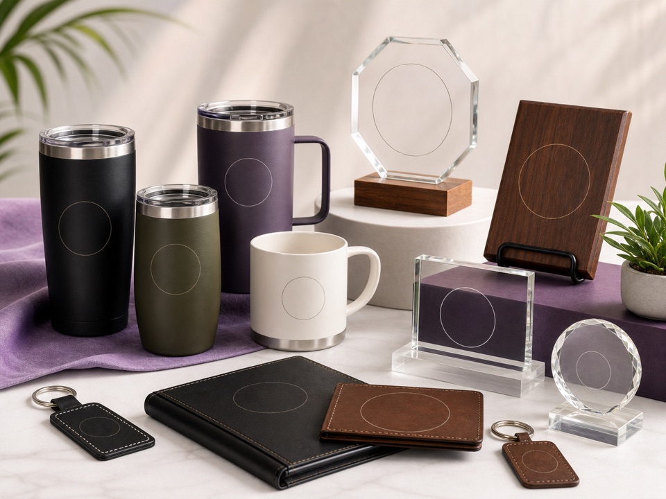 Laser engraving products including tumblers, mugs, awards, plaques, leatherette gifts, and crystal pieces