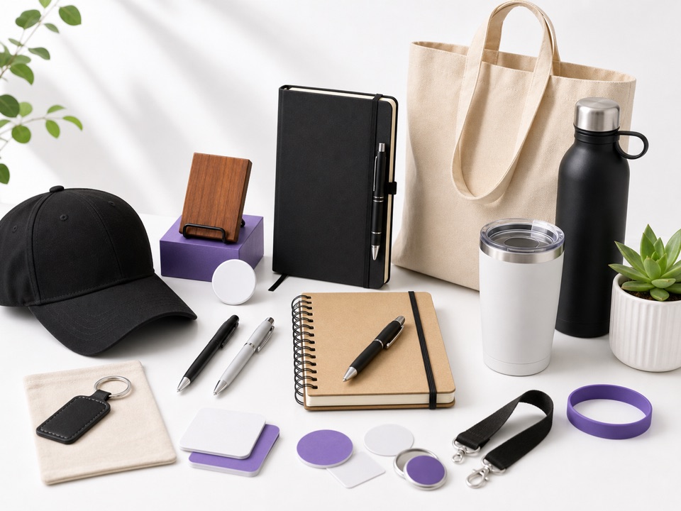 Promotional giveaway products including hats, drinkware, bags, notebooks, pens, keychains, and event items