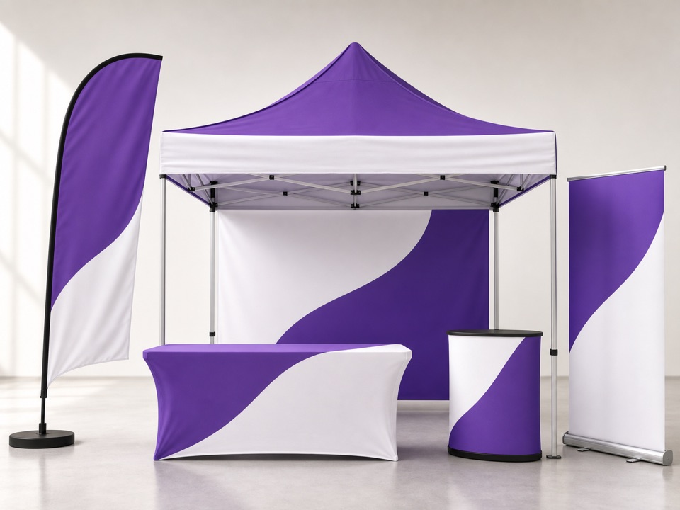 Custom signage products including a tent, flags, table cover, banner, and display backdrop