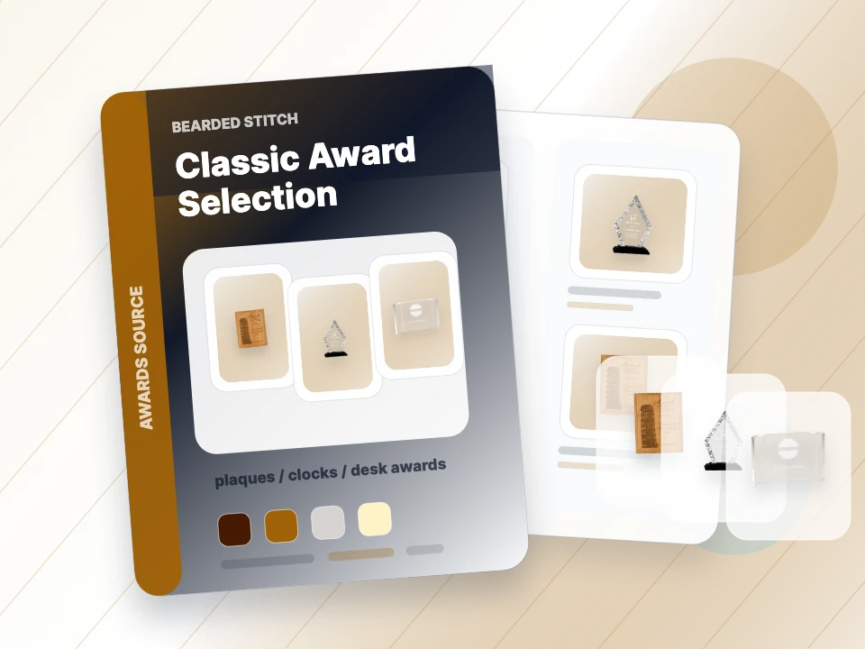 Catalog examples of Airflyte-style plaques and glass awards