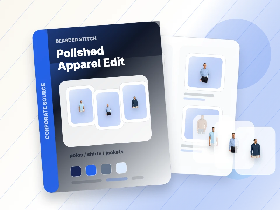 Catalog examples of polos, dress shirts, and quarter-zips for corporate apparel