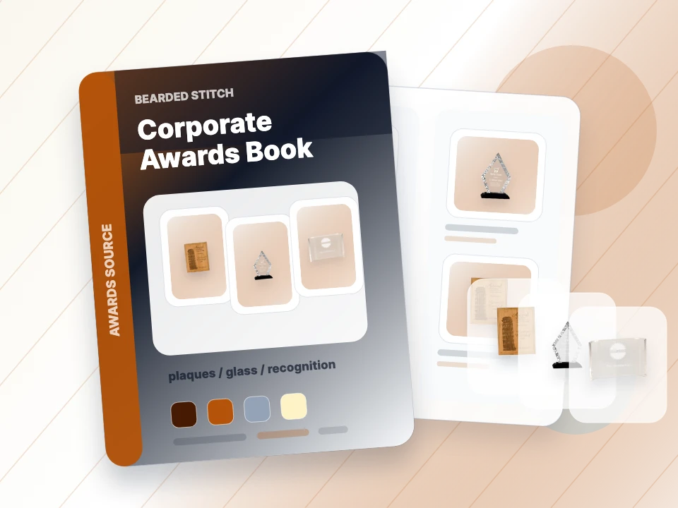 Catalog examples of corporate plaques, glass awards, and acrylic awards