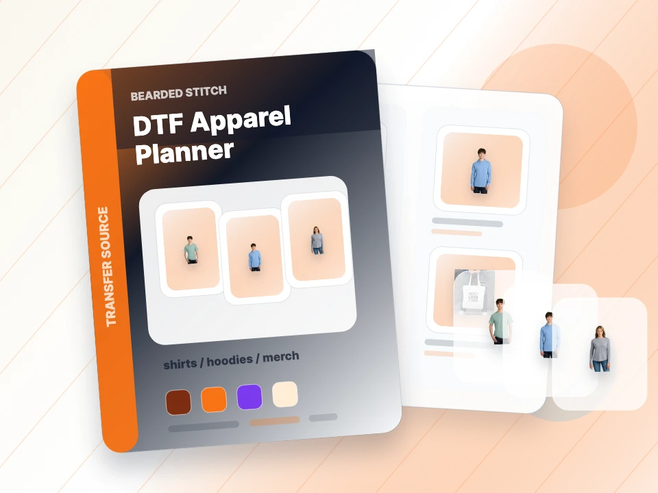 Catalog examples of t-shirts, hoodies, and tote bags for DTF transfer projects