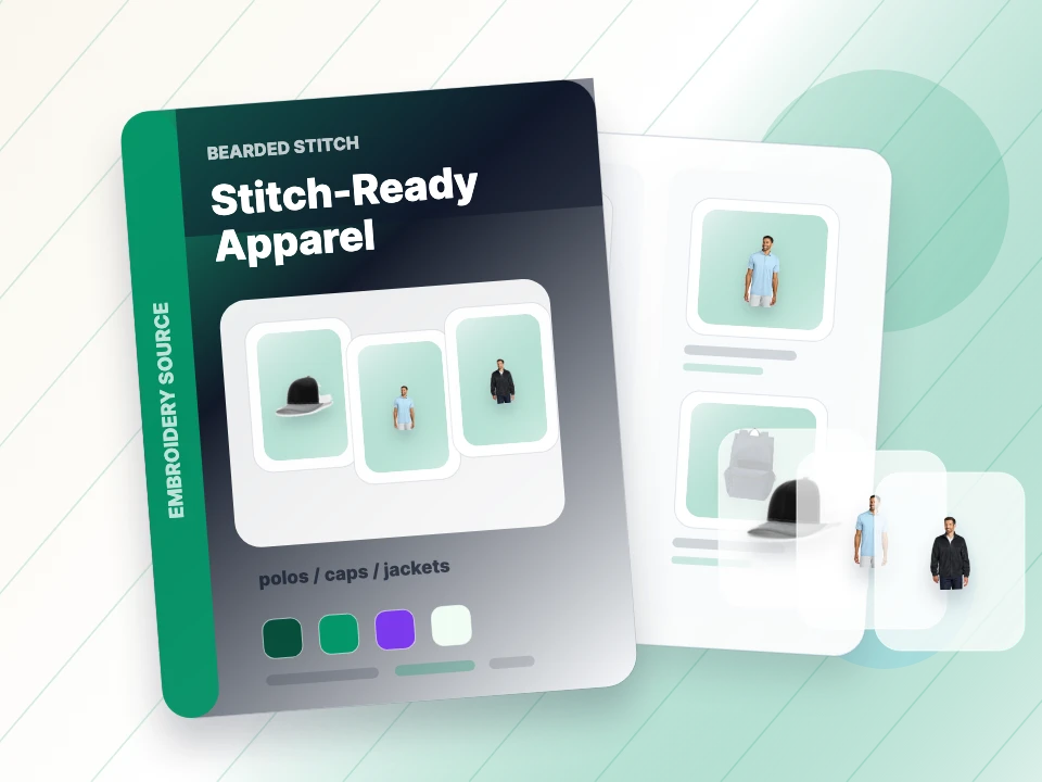 Catalog examples of caps, polos, jackets, and bags for embroidery projects