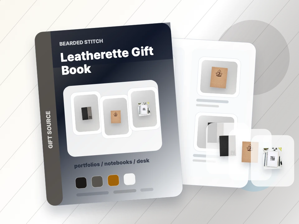 Catalog examples of leatherette portfolios and cork gift items