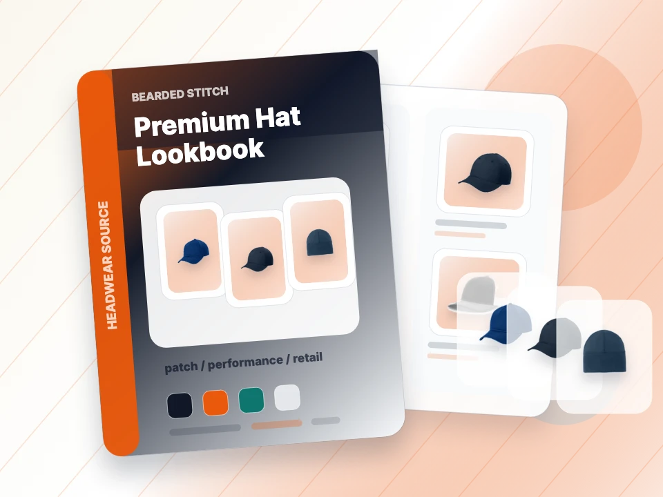 Catalog examples of premium caps, patch hats, and beanies