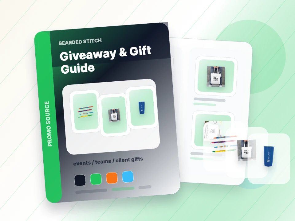 Catalog examples of promotional pens, drinkware, tote bags, and branded gifts
