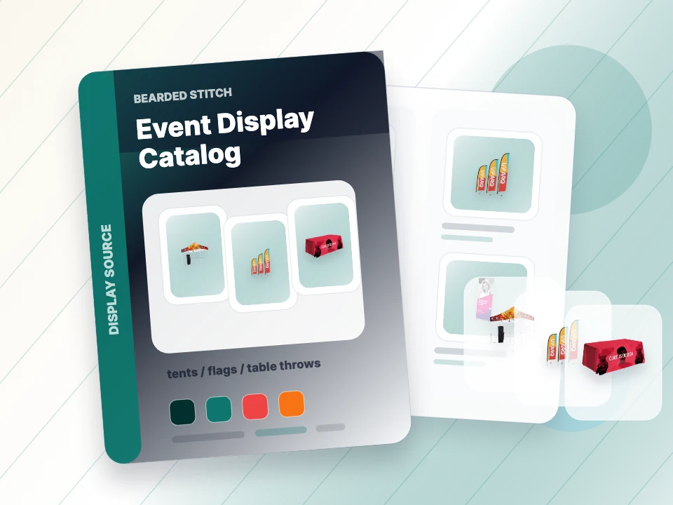 Catalog examples of tents, flags, table covers, banners, and display products
