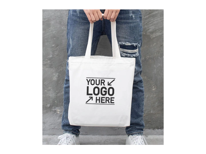 Catalog photo of a white promotional tote bag with a logo area