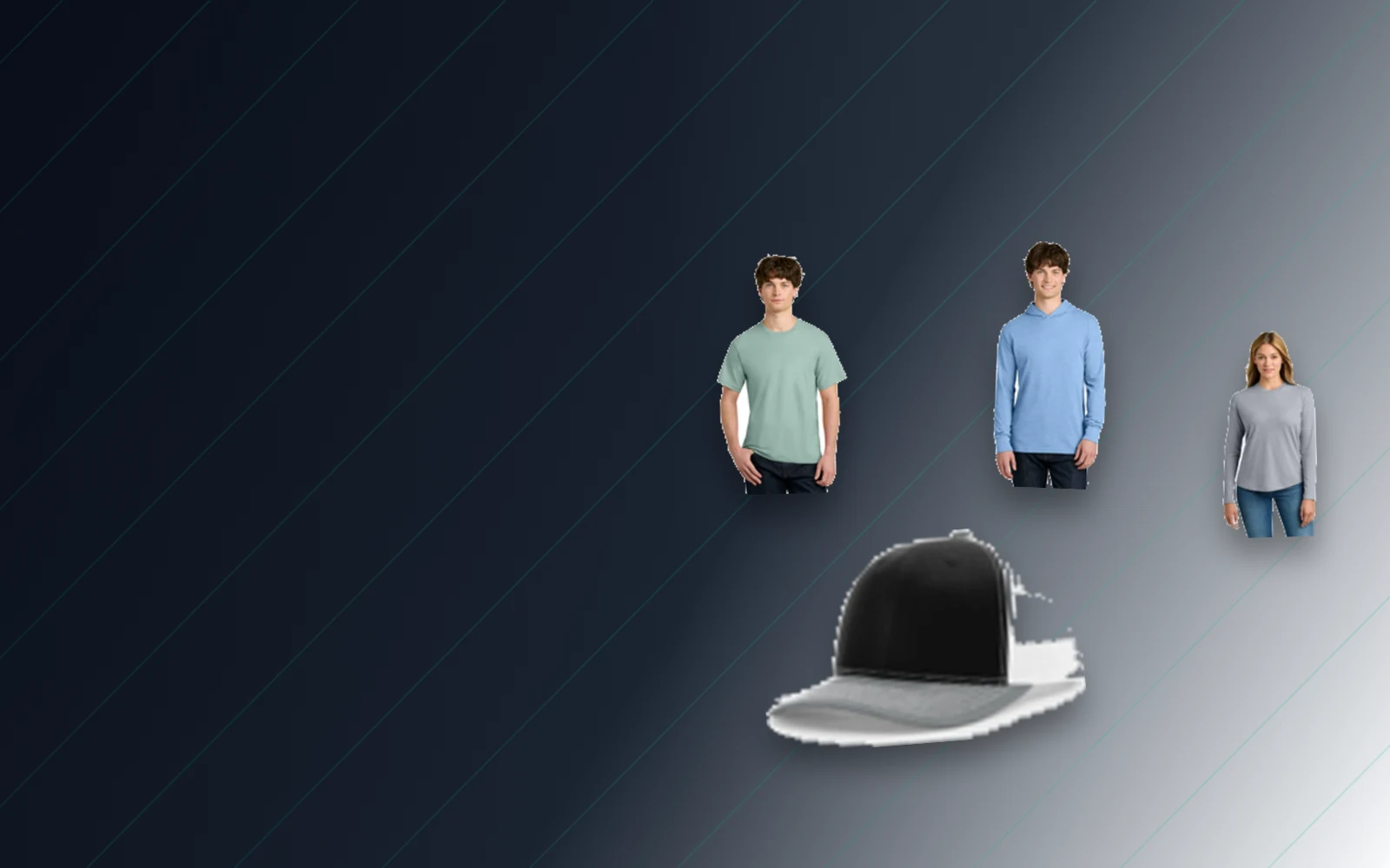 Catalog examples of t-shirts, hoodies, caps, and sportswear products