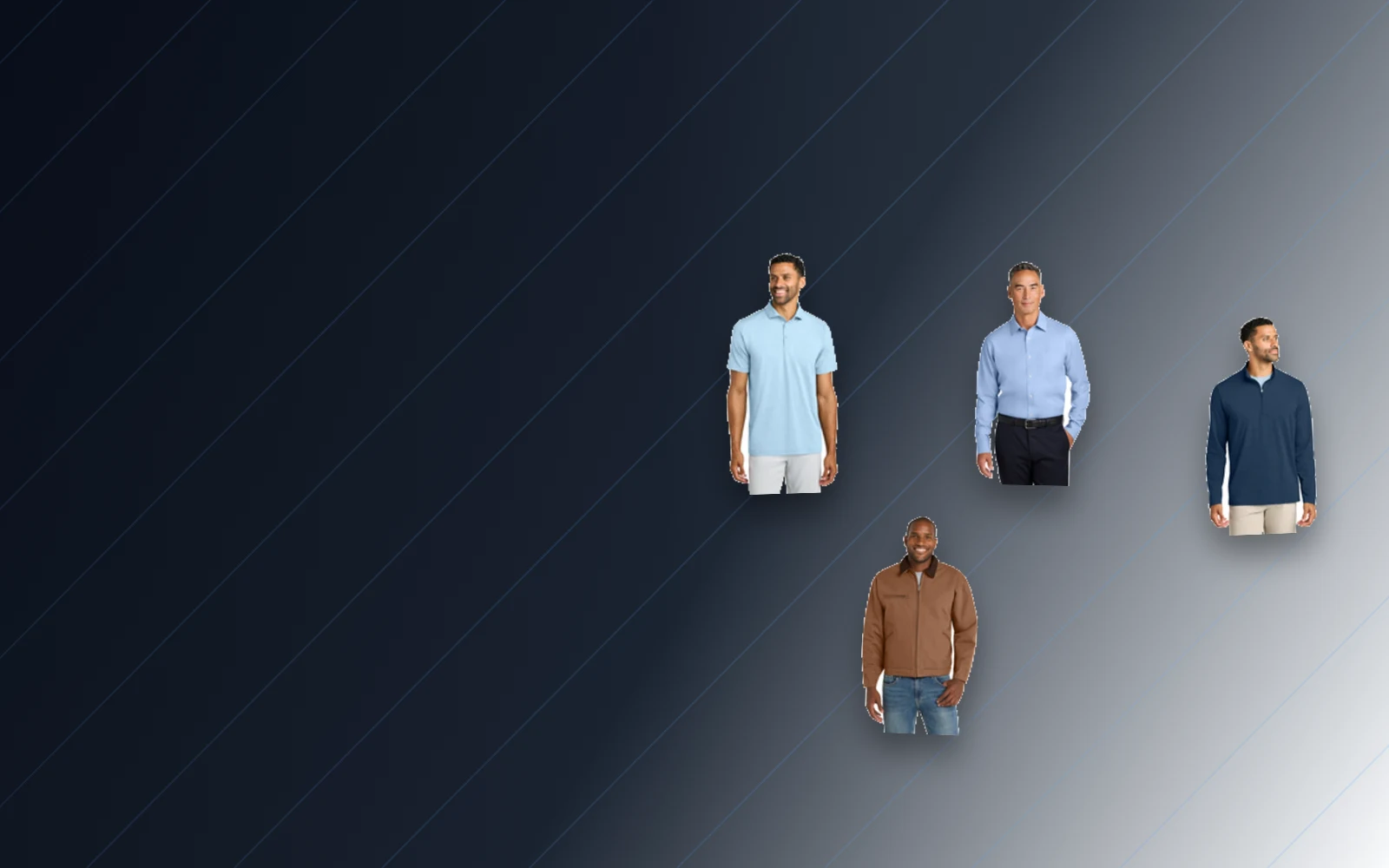 Catalog examples of polos, dress shirts, jackets, and premium corporate apparel