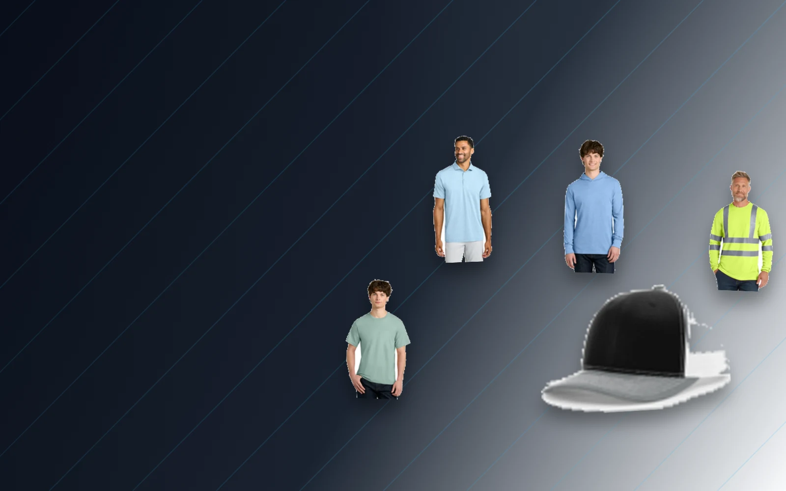 Catalog examples of custom apparel including shirts, hoodies, caps, and workwear