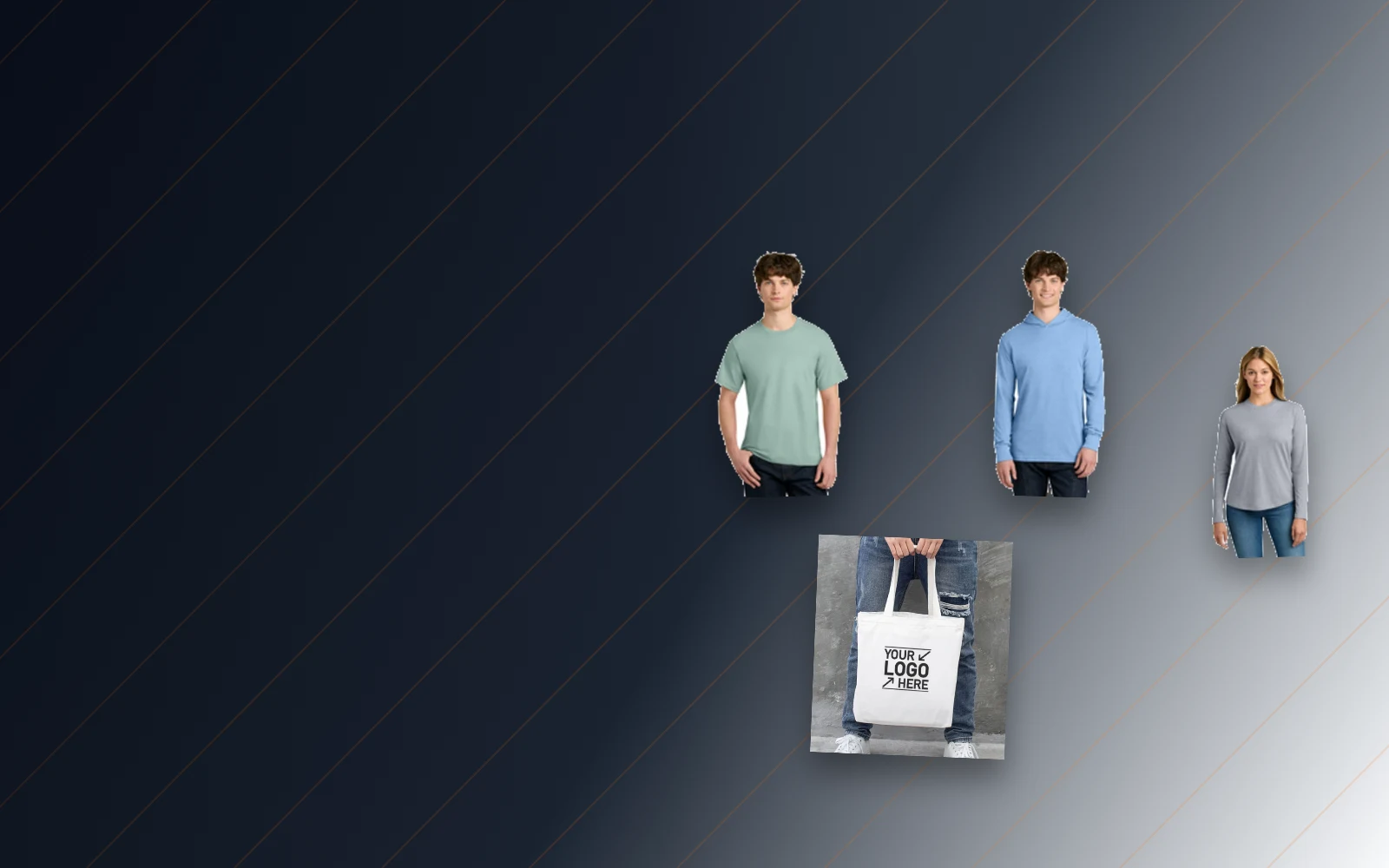 Catalog examples of t-shirts, hoodies, long sleeves, and tote bags for DTF printing