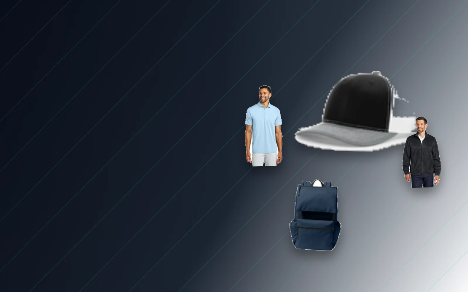 Catalog examples of embroidered apparel including polos, hats, jackets, and bags