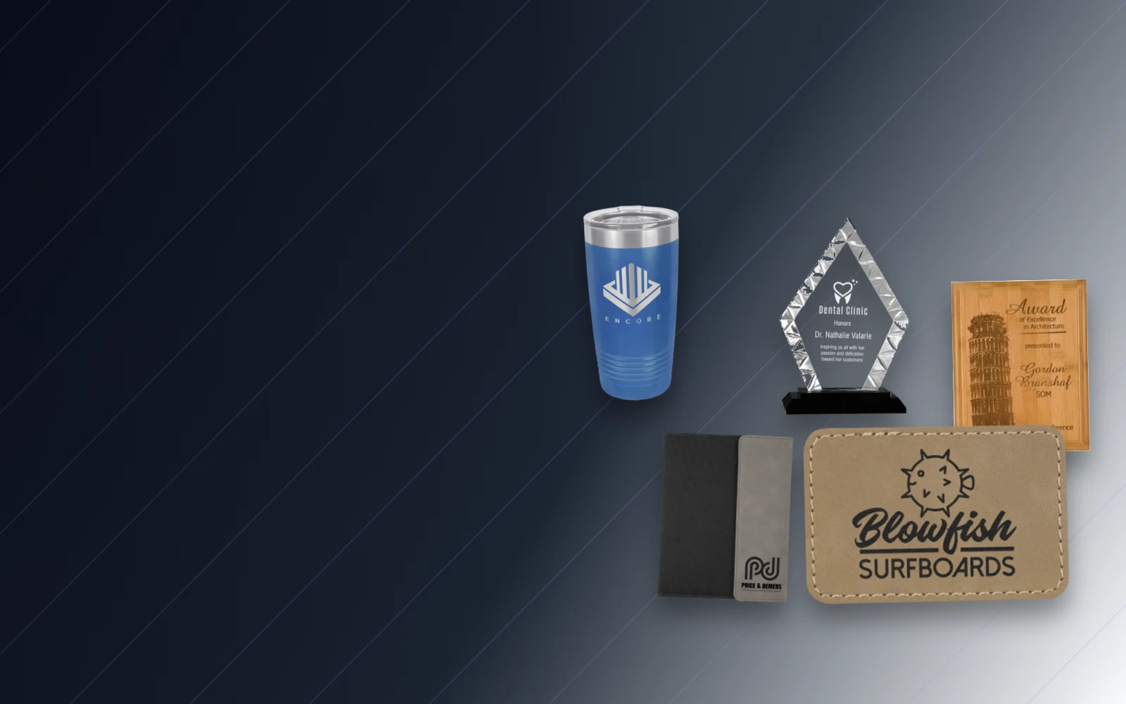 Catalog examples of engraved drinkware, awards, plaques, and leatherette gifts