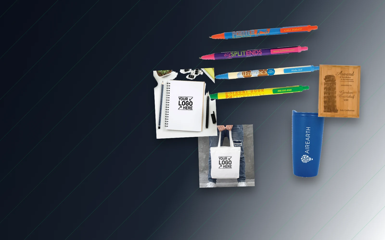 Promotional products including embroidered apparel, tumblers, awards, signage, and branded table items