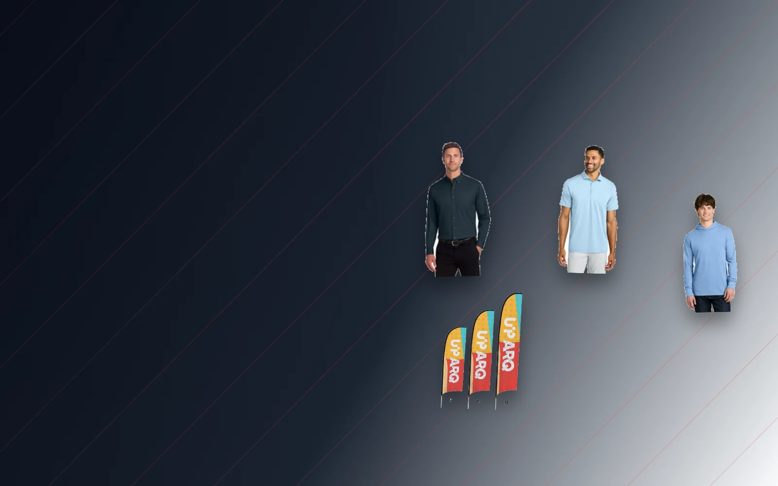 Catalog examples of racing team apparel, polos, hoodies, and event gear