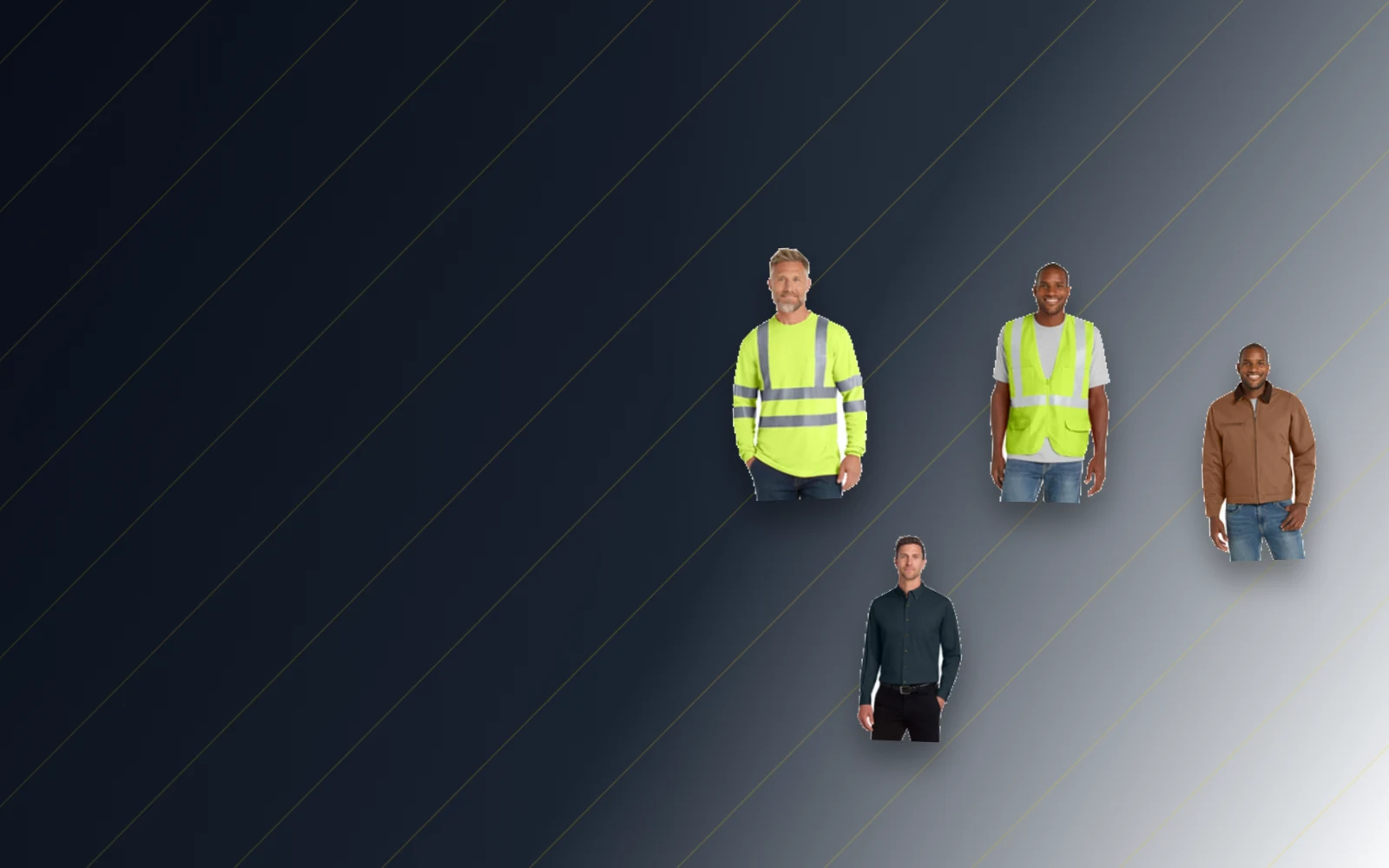 Catalog examples of high visibility safety shirts, vests, and workwear