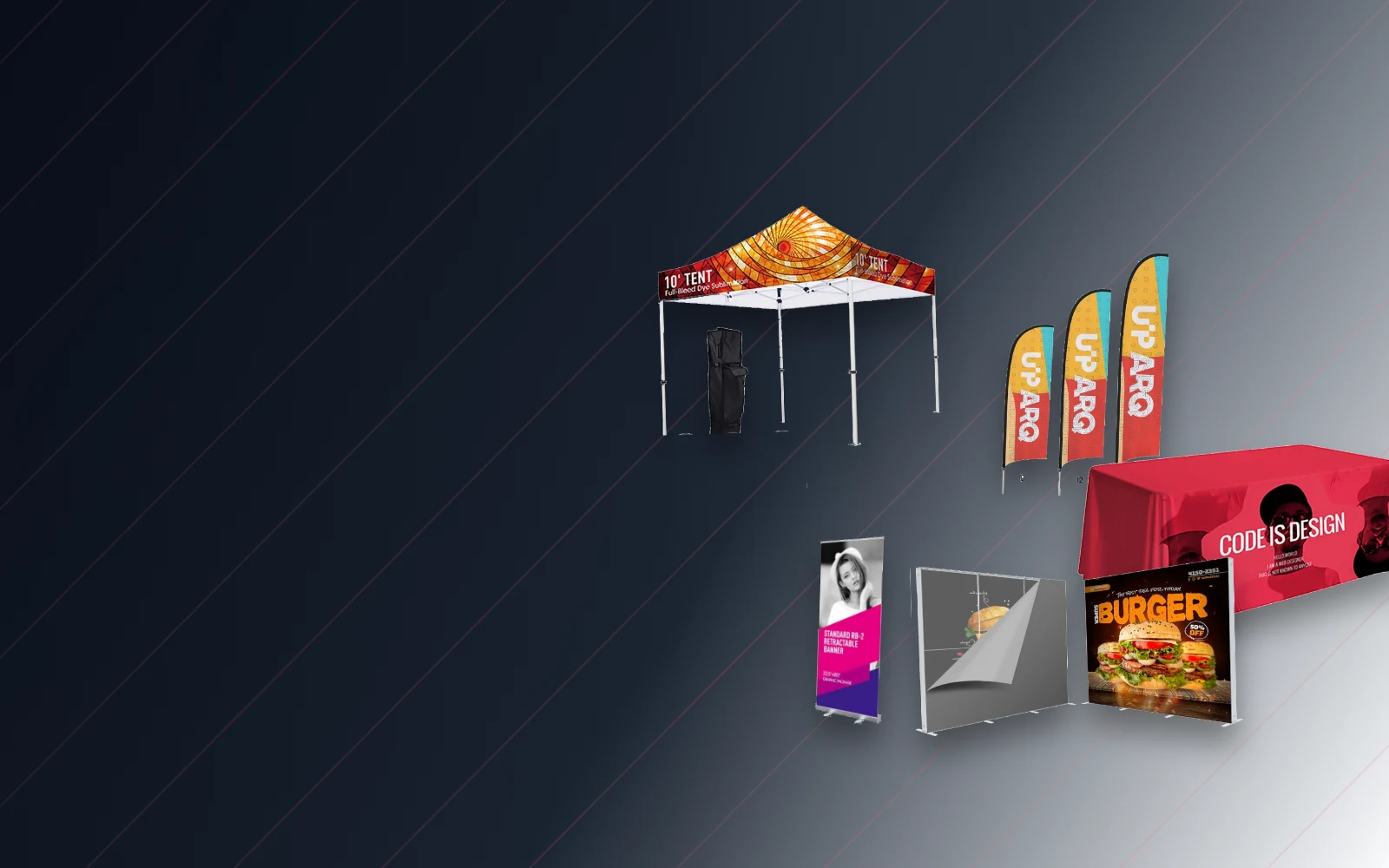 Catalog examples of event tents, feather flags, table covers, and display backdrops