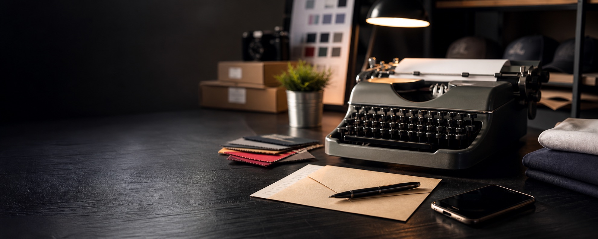 Contact desk with a typewriter, apparel swatches, envelopes, and project planning materials