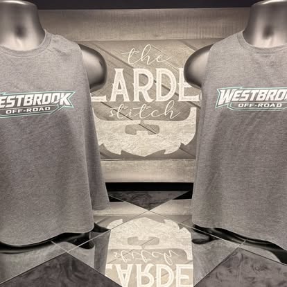 Westbrook Off-Road custom shirts displayed in the shop