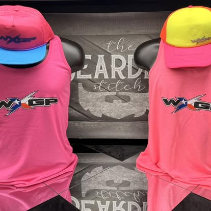 Pink and yellow custom tank tops displayed with matching hats
