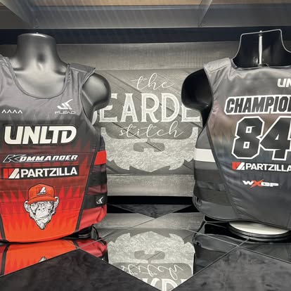 Partzilla racing jerseys displayed in the Bearded Stitch shop