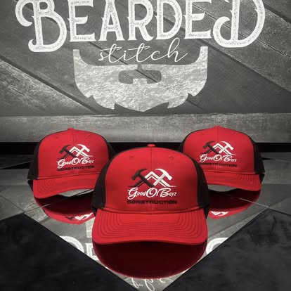 Red custom logo hats arranged in a circle