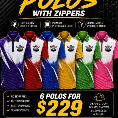 Custom polo options with zippers shown in a product graphic