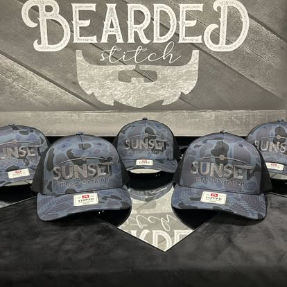 Denim-look Sunset Transportation custom caps displayed together