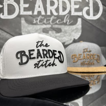 White Bearded Stitch custom cap displayed in the shop