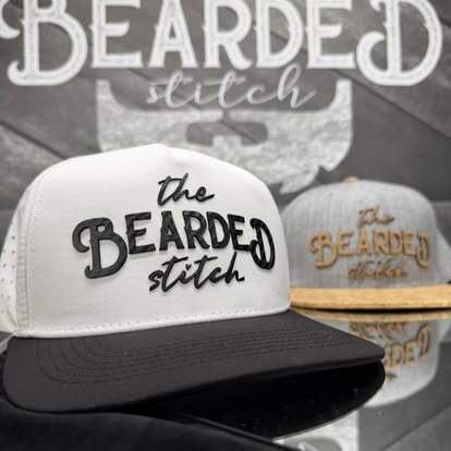 White custom hat with Bearded Stitch leather patch detail