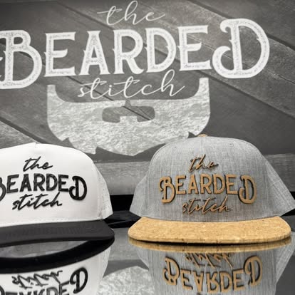 White and tan custom patch hats displayed together