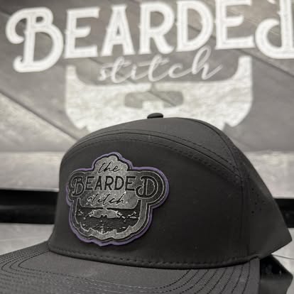 Black custom hat with Bearded Stitch patch detail